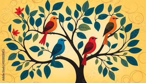 Gond folk art - colorful indian traditional gond folk art, of bird in a tree on texture background. abstract floral background
