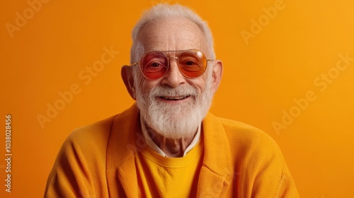 Elderly Man in Vibrant Orange Outfit Against Solid Color Background Smiling Warmly