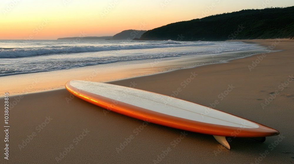 Sunset Surfboard on Tranquil Beach Shoreline Sunset Surfboard on Tranquil Beach Shoreline