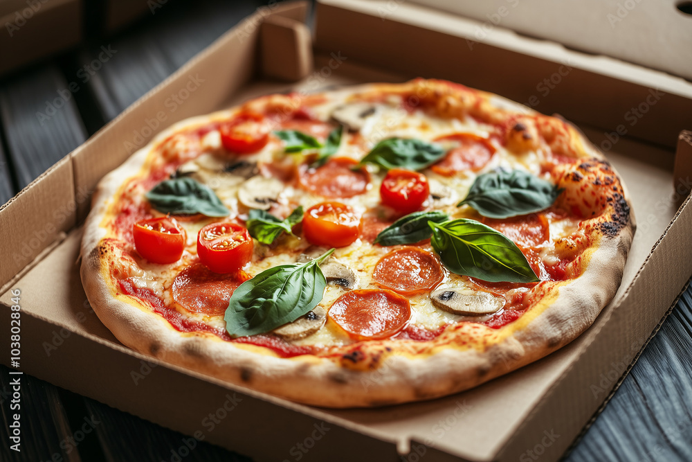 Pizza with tomato, basil, and pepperoni in a box. Pizza with tomato, basil, and pepperoni in a box.