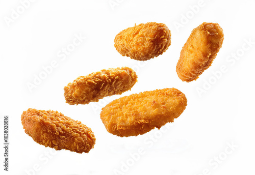 chicken nuggets on white background, flying chicken nuggets photo