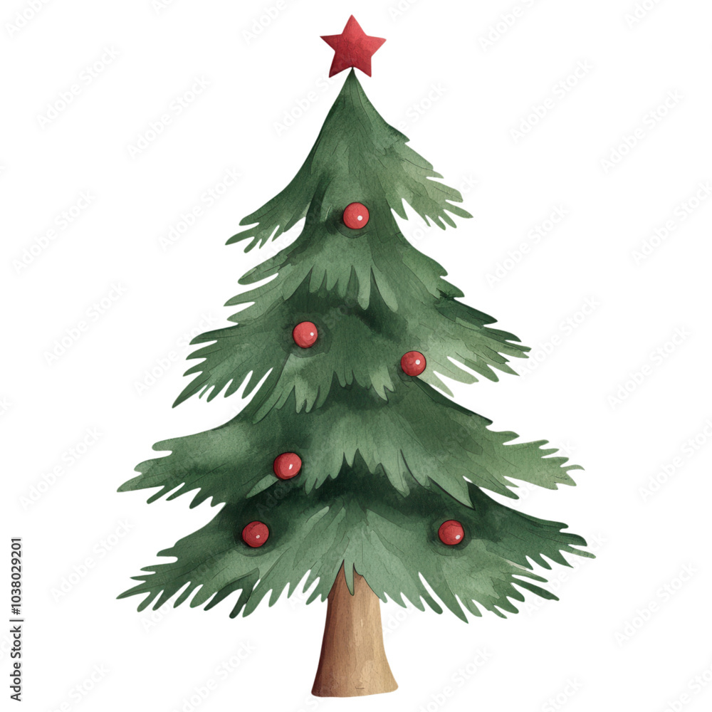 Fototapeta premium A festive Christmas tree adorned with red ornaments and a star, set against a transparent background, evoking holiday cheer.