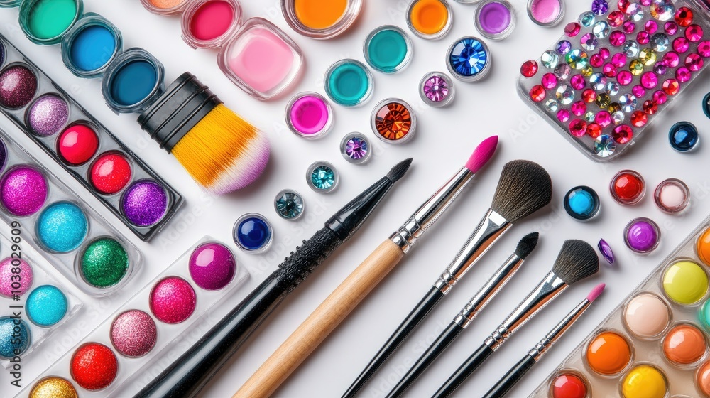 Colorful Makeup and Cosmetic Tools Arrangement Colorful Makeup and Cosmetic Tools Arrangement