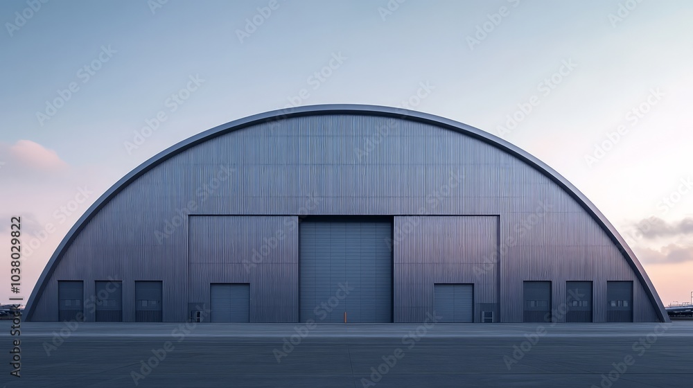 A massive arched-roof warehouse with no internal frame, built from smooth steel profiles. The exterior is sleek and minimal, A massive arched-roof warehouse with no internal frame, built from smooth steel profiles. The exterior is sleek and minimal,