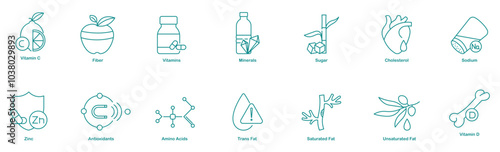 Vitamin C, Fiber, Vitamins, Minerals, Sugar, Cholesterol, Sodium, Zinc, Antioxidants, Amino Acids, Trans Fats, Saturated Fats, Unsaturated Fats, and Vitamin D Icons 
