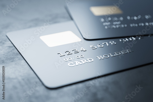 Bank concept with black priority credit cards on dark concrete surface, close up. 3D rendering