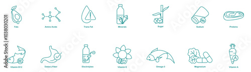 Fats, Amino Acids, Trans Fats, Minerals, Sugar, Sodium, Proteins, Vitamin B12, Dietary Fiber, Electrolytes, Vitamin E, Omega-3, Magnesium, and Vitamin A Icons for Essential Nutritional Information  