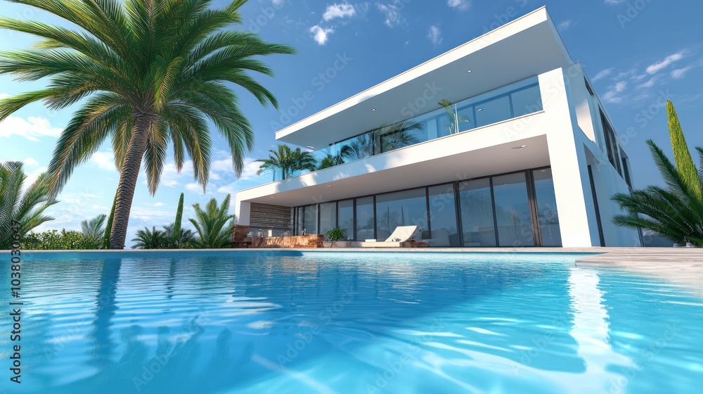 Fototapeta premium Modern villa with a pool surrounded by palm trees and clear blue skies.