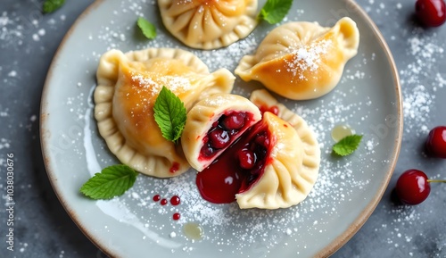 Ukrainian Varenyky with Sweet Cherry Filling and Powdered Sugar photo