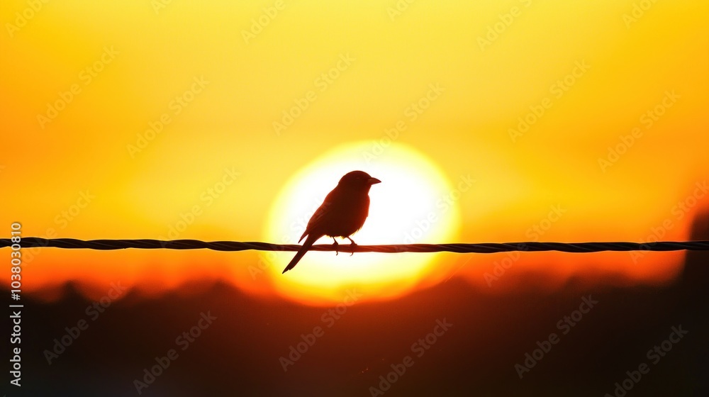 Silhouette of a bird perched on a wire with a sunset in the background Silhouette of a bird perched on a wire with a sunset in the background