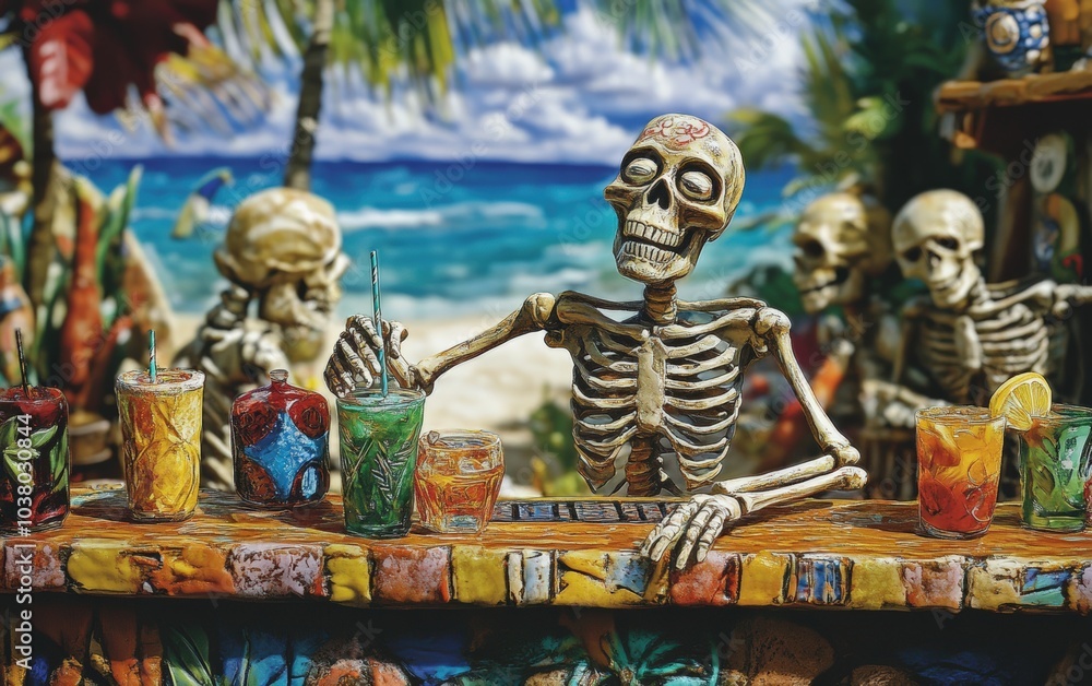 Obraz premium Skeleton Bartender at a Tropical Beach Bar. A skeleton with relaxed eyes, mixing cocktails at an outdoor tiki bar by the beach. 