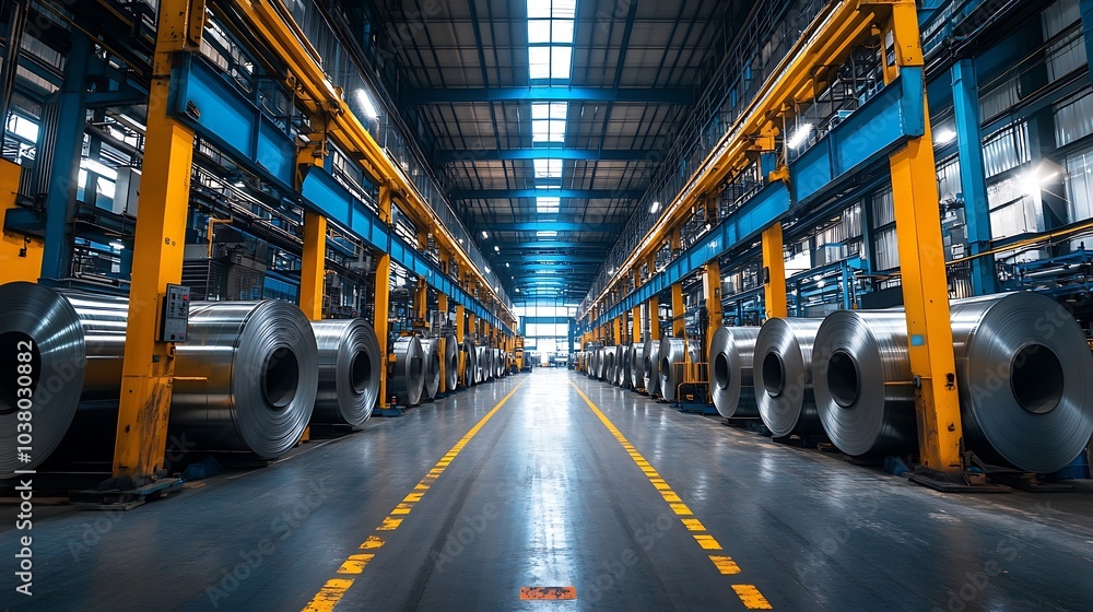A wide shot of a modern metal sheet factory with advanced machinery and steel coils. A wide shot of a modern metal sheet factory with advanced machinery and steel coils.