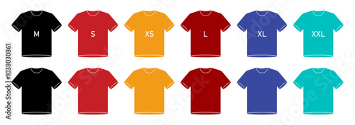 Set of colorful t-shirt icons. Collection t-shirt size vector icon set in different color isolated on a white background. Clothing size label or tag. From xs to xxl. Isolated vector illustration.