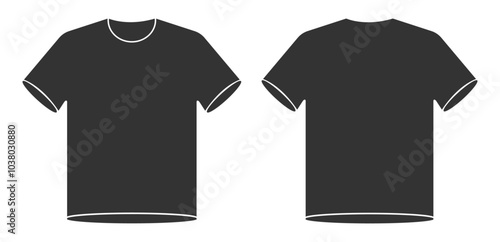 Silhouette front and back men t shirt icon. Front or back t shirt vector icon set in black color. Template front and back views. Front and back view of a t-shirt. Vector illustration. Flat design.