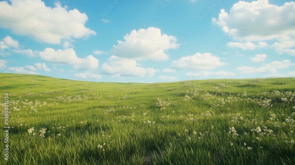 Lush green grassland with fluffy clouds and blue sky, vibrant nature scene Lush green grassland with fluffy clouds and blue sky, vibrant nature scene