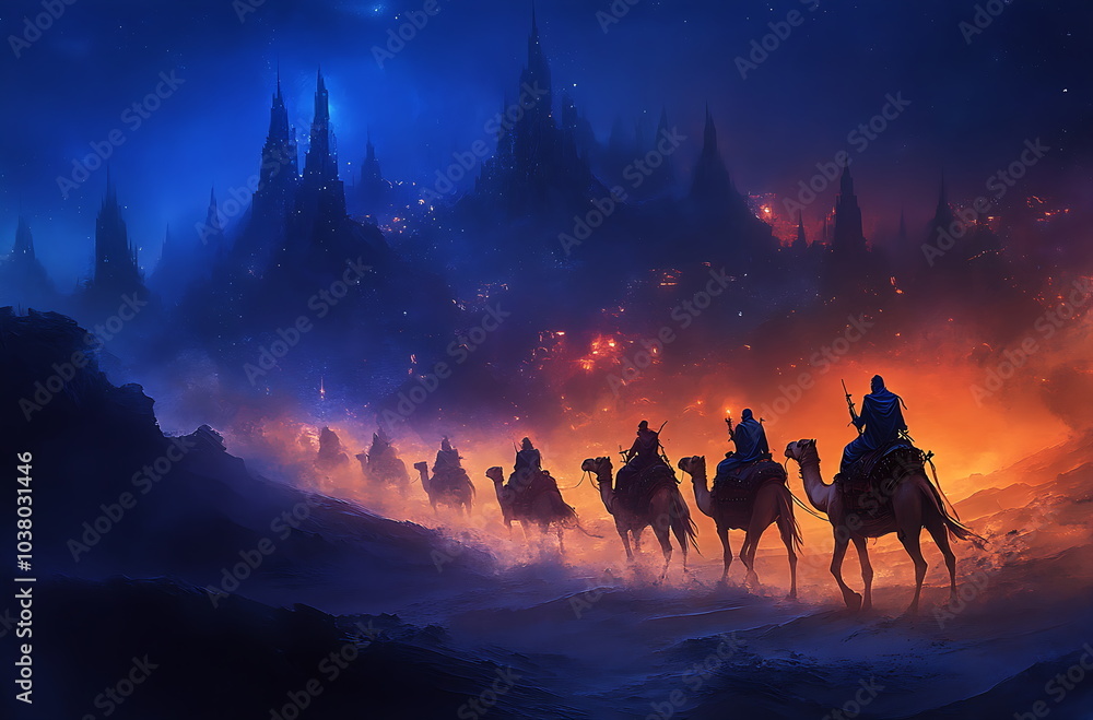 Naklejka premium A group of camels with people riding them travel, AI GENERATED