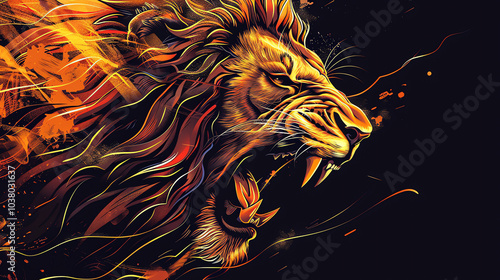 A roaring lion, golden and orange, with paint splashes.

 photo