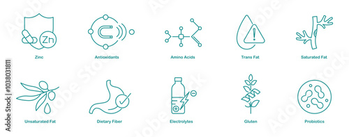 Zinc, Antioxidants, Amino Acid, Trans Fats, Saturated Fats, Unsaturated Fats, Dietary Fiber, Electrolytes, Gluten, and Probiotic Icons for Health Awareness