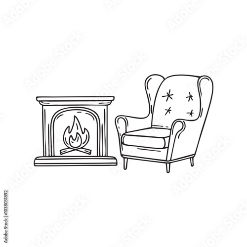 Illustration of a cozy armchair by the fireplace
