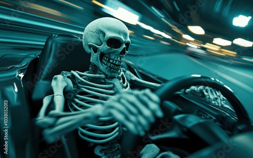 A skeleton in a racing suit, sitting in a high-performance racecar, gripping the steering wheel with a determined expression.  photo