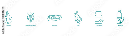 Calories, Carbohydrates, Protein, Fats, Vitamins, and Minerals Icons for Complete Nutritional Information