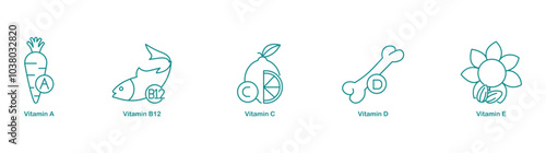Vitamin A, B12, Vitamin C, D, and Vitamin E Icons for Complete Vitamin Support
