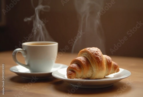 Professional food photography of A cup of coffee and a croissant on a wooden table