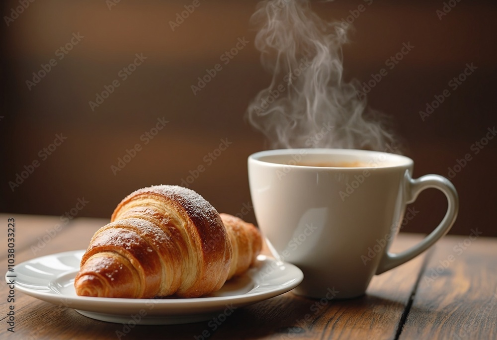 Professional food photography of A cup of coffee and a croissant on a wooden table Professional food photography of A cup of coffee and a croissant on a wooden table