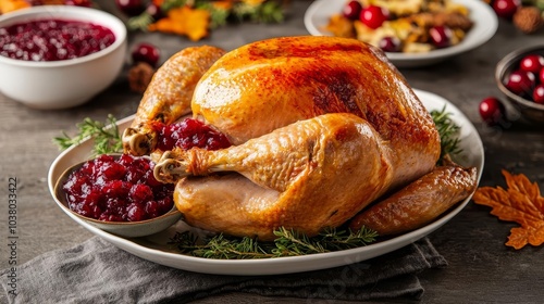 Traditional Thanksgiving dinner setup with a goldenbrown turkey and a bowl of cranberry sauce, surrounded by harvestthemed decor photo