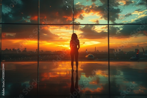 Woman passenger silhouette at airport observing aircraft take off in a travel scene