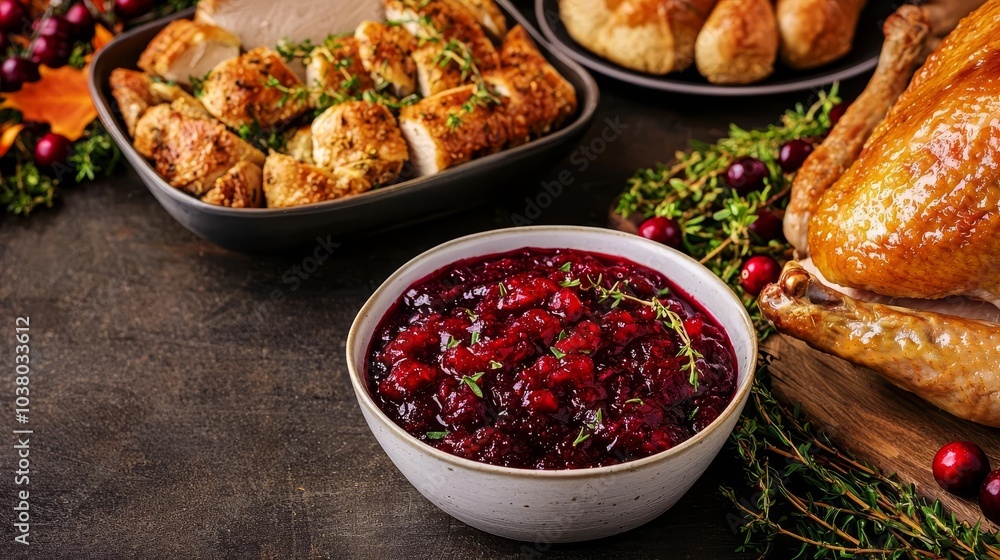 A beautiful Thanksgiving spread with turkey centerpiece and cranberry sauce in a bowl, autumnal table decor and festive mood A beautiful Thanksgiving spread with turkey centerpiece and cranberry sauce in a bowl, autumnal table decor and festive mood