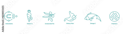 Antioxidants, Omega-3, and Fiber Icons for Comprehensive Health and Wellness