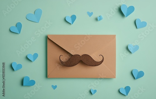 Blue envelope with mustache design surrounded by heart shapes in a creative a...