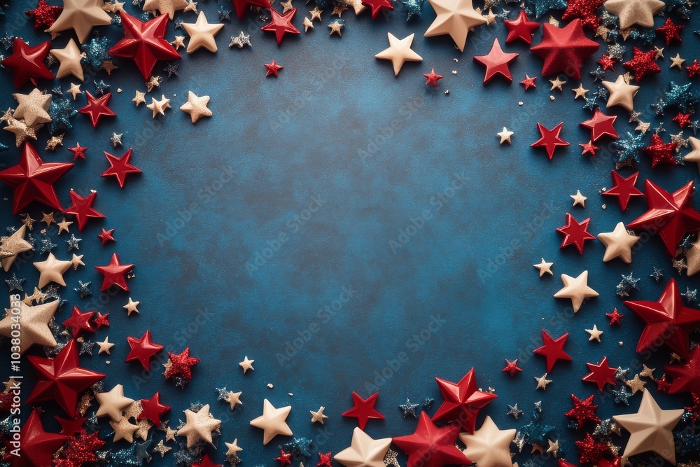 Decorative stars in red, white, and blue arranged on a blue background for a festive celebration Decorative stars in red, white, and blue arranged on a blue background for a festive celebration