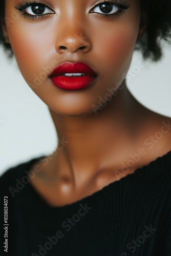 A Close-Up of a Woman With Striking Red Lips and Captivating Eyes, Showcasing Her Beauty Against a Minimalistic Backdrop