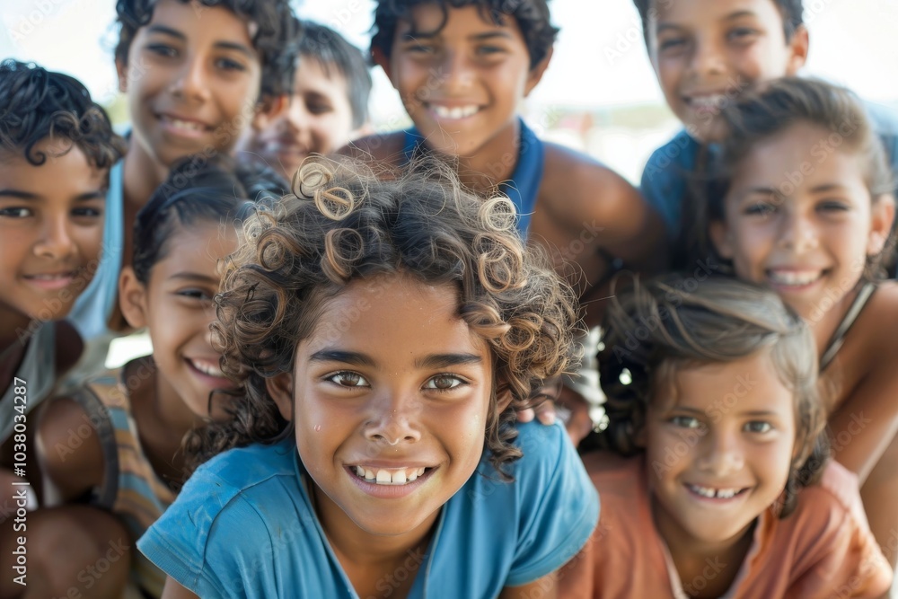 Portrait of happy group of children smiling at camera in school yard Portrait of happy group of children smiling at camera in school yard