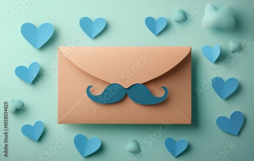 Blue envelope with mustache design surrounded by heart shapes in a creative a...