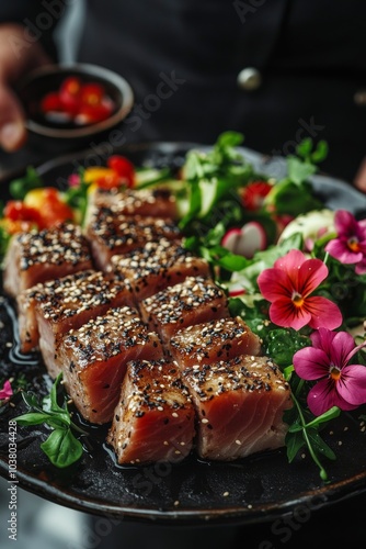 Elegant platter of sesame crusted salmon garnished with fresh herbs and vibrant flowers