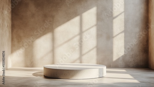 A minimalist interior space featuring a simple platform illuminated by natura...