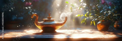 Glimmering antique teapot on a wooden table illuminated by soft rays of morni...