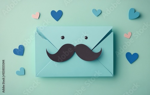 Blue envelope with mustache design surrounded by heart shapes in a creative a...