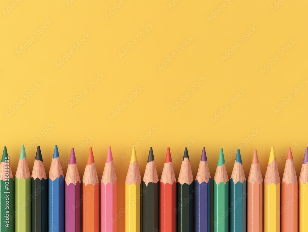 Vibrant collection of colorful pencils perfectly aligned on a bright yellow background for creative projects and art inspiration Vibrant collection of colorful pencils perfectly aligned on a bright yellow background for creative projects and art inspiration