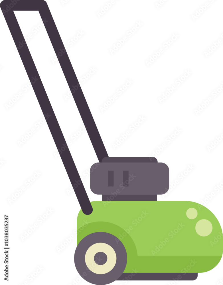 Green lawn mower cutting grass machine for gardening and horticulture side view, flat vector illustration isolated on white background Green lawn mower cutting grass machine for gardening and horticulture side view, flat vector illustration isolated on white background