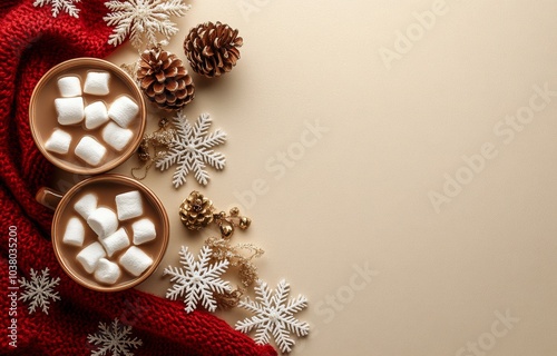 Warm cozy drink with marshmallows and holiday decorations on a beige background