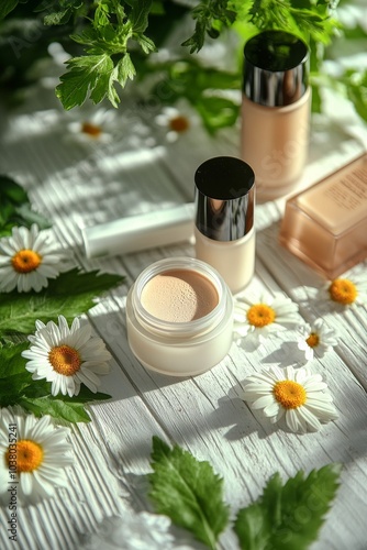 Cosmetics arranged on a wooden surface with daisies and green foliage in natu...