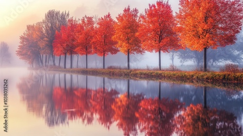 A serene autumn landscape with vibrant red trees reflected in calm water at dawn.