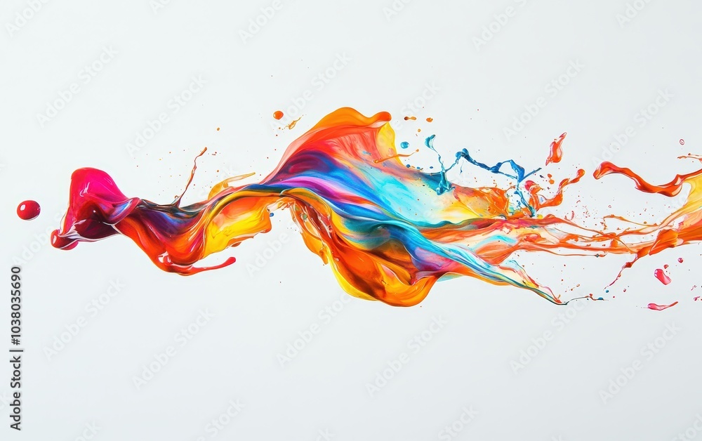 A single vibrant paint drop suspended mid-air, with colorful, fluid tendrils extending from it in dynamic, swirling shapes as if caught in motion. A single vibrant paint drop suspended mid-air, with colorful, fluid tendrils extending from it in dynamic, swirling shapes as if caught in motion.