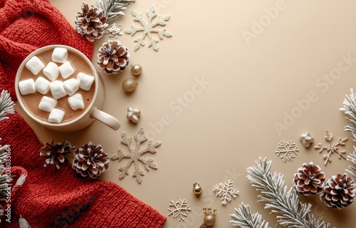 Warm cozy drink with marshmallows and holiday decorations on a beige background