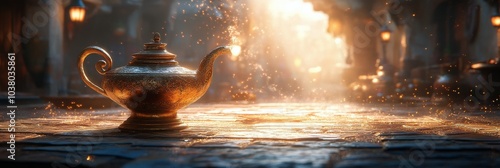Glimmering antique teapot on a wooden table illuminated by soft rays of morni...