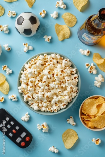 Snack time during a soccer match with popcorn, chips, and drinks on a blue ba...